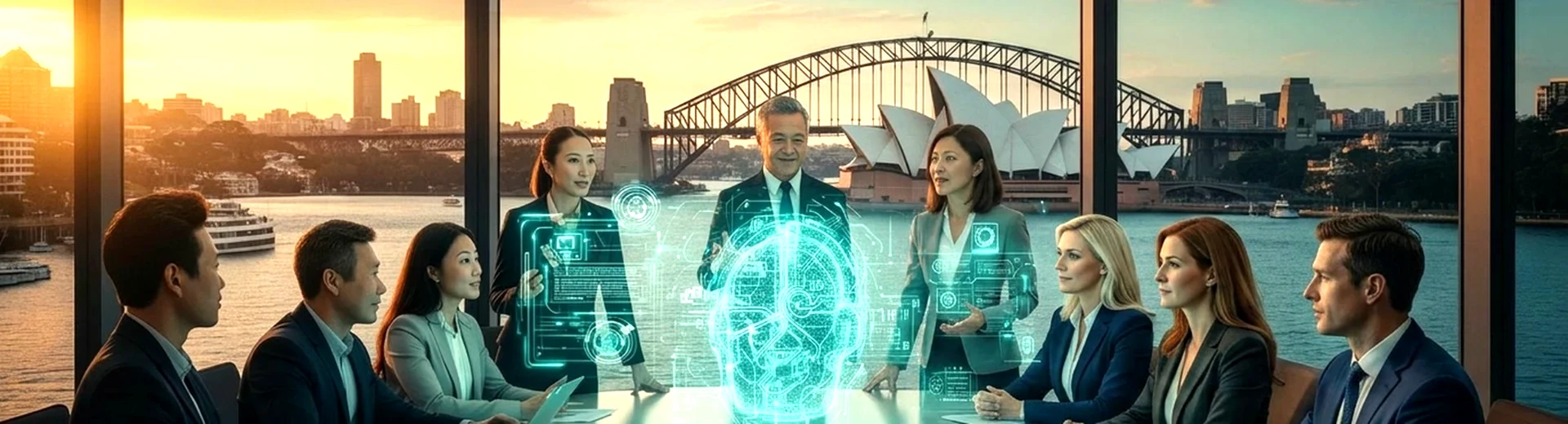 Sydney skyline with the Harbour Bridge and Opera House behind a leadership team reviewing an AI neural interface