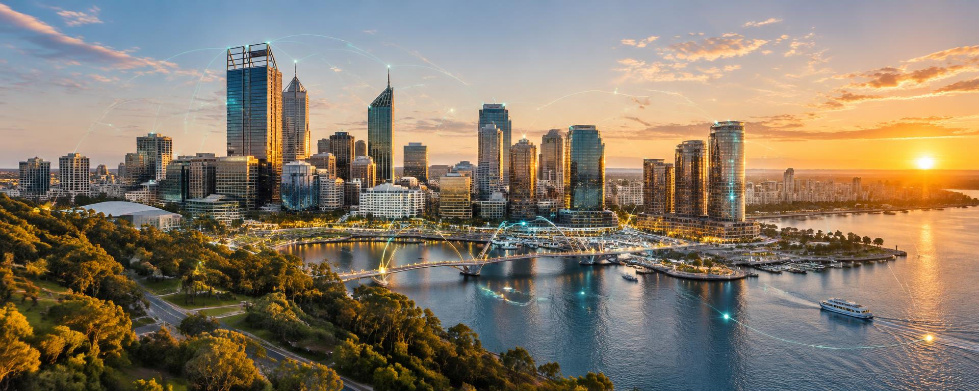 Perth skyline and Elizabeth Quay beside the Swan River with an AI network visualisation