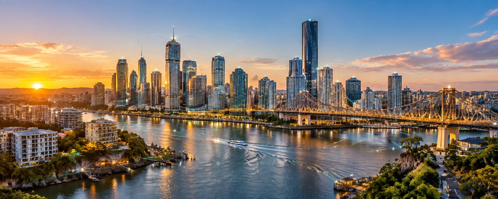 Brisbane skyline, Story Bridge and Brisbane River with an AI network visualisation