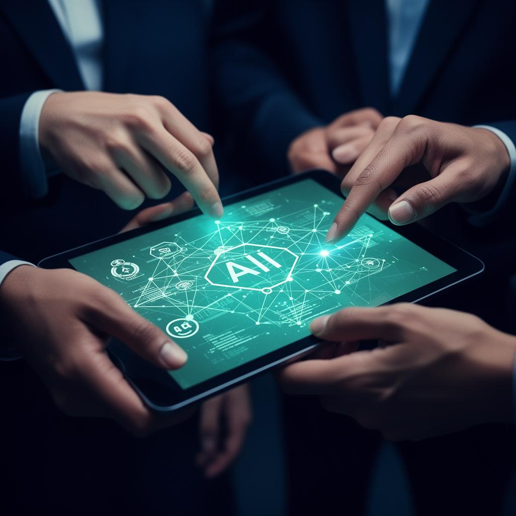 Hands on a tablet with AI network graphic