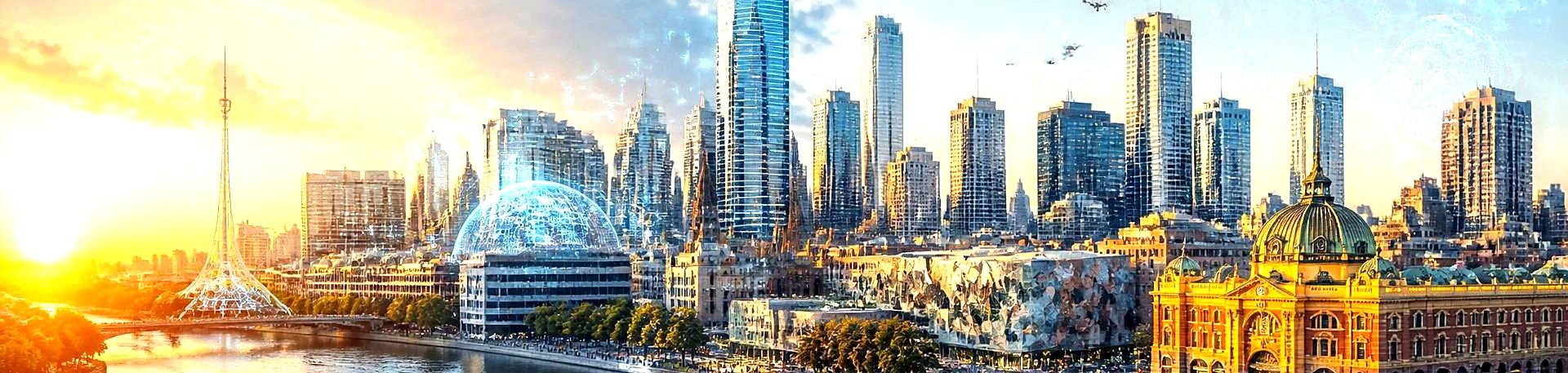Melbourne skyline and Flinders Street Station with an AI network visualisation