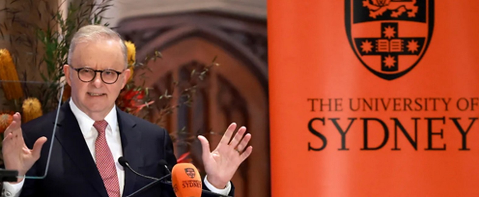 Prime Minister Anthony Albanese speaking at the University of Sydney