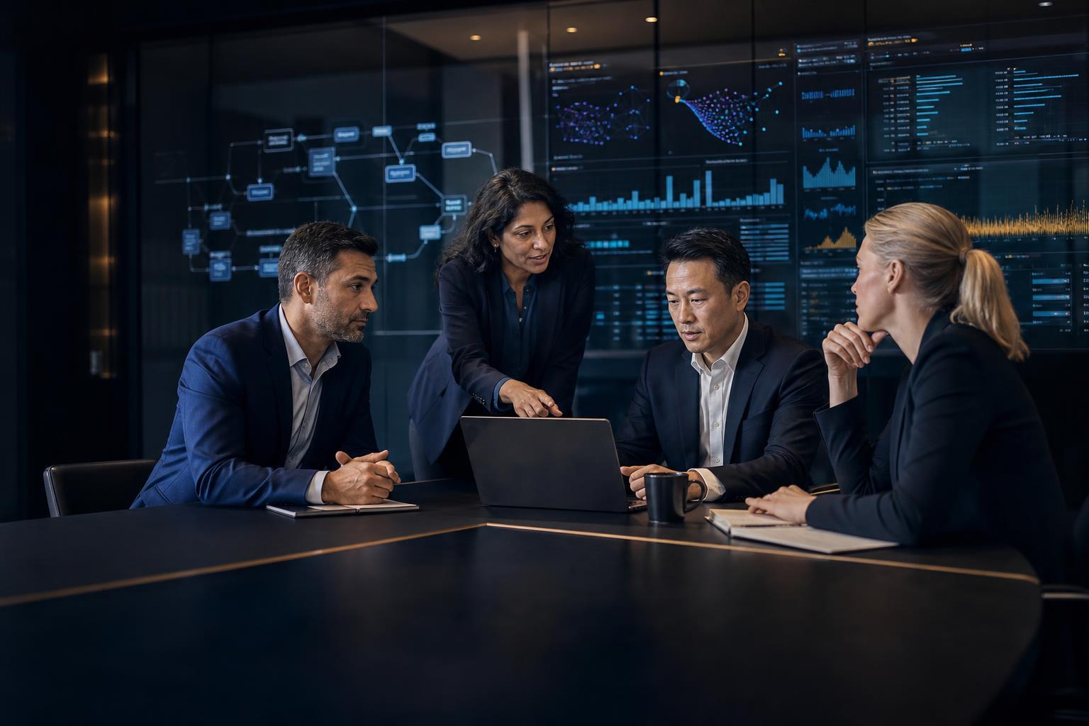 Senior management team collaborating with AI analytics and workflow tools