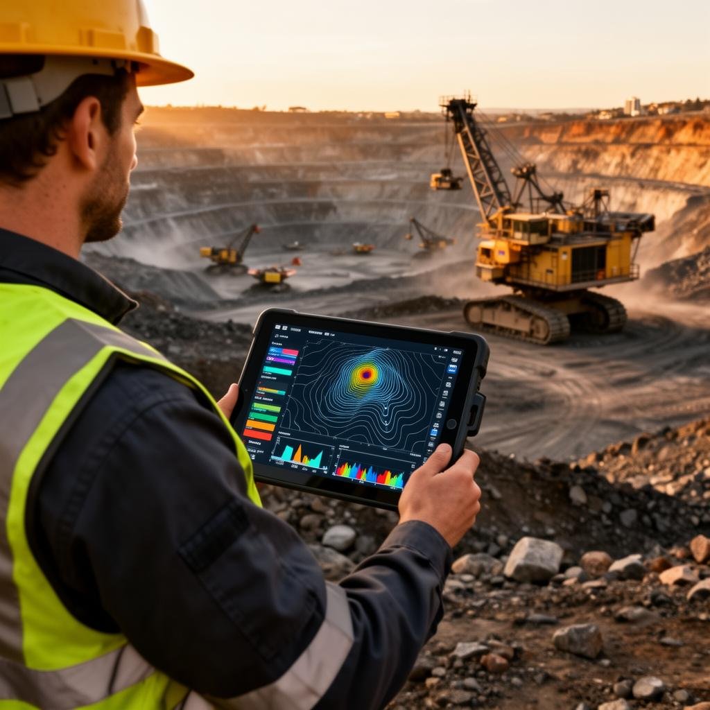 Mining professional reviewing pit optimisation data at an open-pit operation